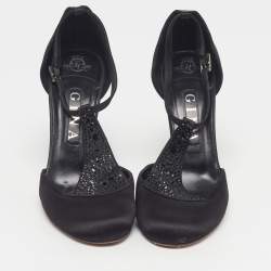 Pre Owned حذاء كعب عالي جينا ساتا ن رمادي بزخارف كريستال وحزام على الكاحل على شكل حرف T مقاس 37