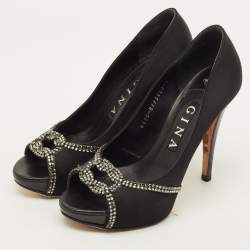 Pre Owned حذاء كعب عالي جينا مزخرف بكريستال و بنعل سميك و بمقدمة مفتوحة ساتان أسود مقاس 39