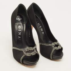 Pre Owned حذاء كعب عالي جينا مزخرف بكريستال و بنعل سميك و بمقدمة مفتوحة ساتان أسود مقاس 39