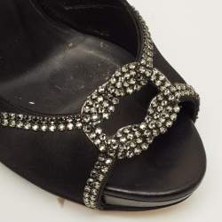 Pre Owned حذاء كعب عالي جينا مزخرف بكريستال و بنعل سميك و بمقدمة مفتوحة ساتان أسود مقاس 39