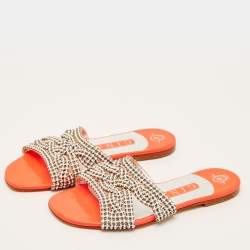 Pre Owned Gina Size 37.5 Pink Leather Crystal Embellished  Flat Slides