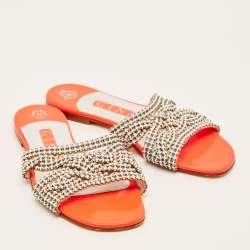 Pre Owned Gina Size 37.5 Pink Leather Crystal Embellished  Flat Slides