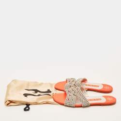 Pre Owned Gina Size 37.5 Pink Leather Crystal Embellished  Flat Slides