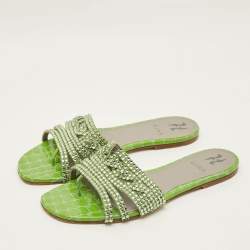 مملوكة مسبقًا صندل سلايد جينا لورين جلد لامع بنقشة التمساح أخضر مزخرف كريستال مقاس 39