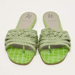 مملوكة مسبقًا صندل سلايد جينا لورين جلد لامع بنقشة التمساح أخضر مزخرف كريستال مقاس 39