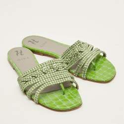 مملوكة مسبقًا صندل سلايد جينا لورين جلد لامع بنقشة التمساح أخضر مزخرف كريستال مقاس 39