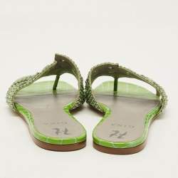 مملوكة مسبقًا صندل سلايد جينا لورين جلد لامع بنقشة التمساح أخضر مزخرف كريستال مقاس 39