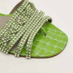 مملوكة مسبقًا صندل سلايد جينا لورين جلد لامع بنقشة التمساح أخ ضر مزخرف كريستال مقاس 39