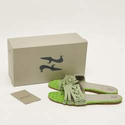 مملوكة مسبقًا صندل سلايد جينا لورين جلد لامع بنقشة التمساح أخضر مزخرف كريستال مقاس 39