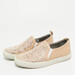 Pre Owned Gina Gioia Size 38 Dusty Pink Leather Satin Crystal Embellished Slip On Sneakers