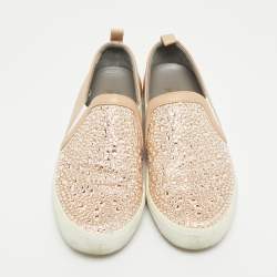 Pre Owned Gina Gioia Size 38 Dusty Pink Leather Satin Crystal Embellished Slip On Sneakers