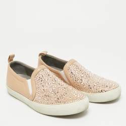 Pre Owned Gina Gioia Size 38 Dusty Pink Leather Satin Crystal Embellished Slip On Sneakers