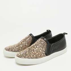 Pre Owned Gina Gioia Size 38 Black Leather and Satin Crystal Embellished Slip On Sneakers
