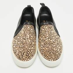 Pre Owned Gina Gioia Size 38 Black Leather and Satin Crystal Embellished Slip On Sneakers