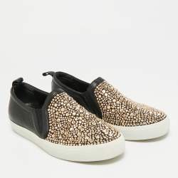 Pre Owned Gina Gioia Size 38 Black Leather and Satin Crystal Embellished Slip On Sneakers