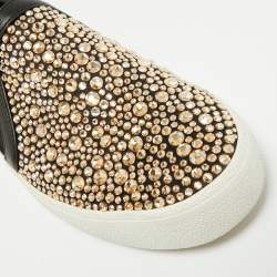 Pre Owned Gina Gioia Size 38 Black Leather and Satin Crystal Embellished Slip On Sneakers