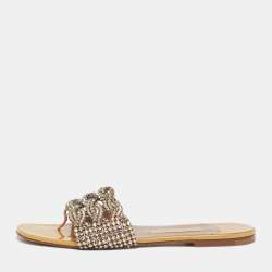 Pre Owned Gina Aurora Size 39.5 Gold Leather Crystal Embellished Thong Flat Slide