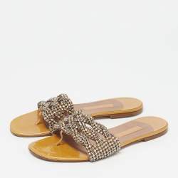 Pre Owned Gina Aurora Size 39.5 Gold Leather Crystal Embellished Thong Flat Slide