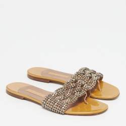 Pre Owned Gina Aurora Size 39.5 Gold Leather Crystal Embellished Thong Flat Slide