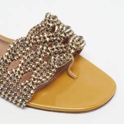 Pre Owned Gina Aurora Size 39.5 Gold Leather Crystal Embellished Thong Flat Slide
