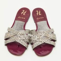 Pre Owned Gina Orion Size 38 Burgundy Leather Crystal Embellished Flat Slide Sandals