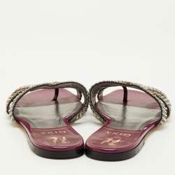Pre Owned Gina Orion Size 38 Burgundy Leather Crystal Embellished Flat Slide Sandals