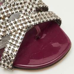 Pre Owned Gina Orion Size 38 Burgundy Leather Crystal Embellished Flat Slide Sandals