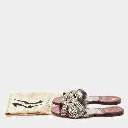 Pre Owned Gina Orion Size 38 Burgundy Leather Crystal Embellished Flat Slide Sandals