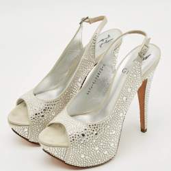 Pre Owned Gina Size 38 Grey Satin Crystal Embellished Platform Slingback Sandals