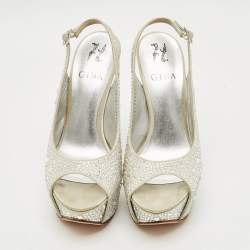 Pre Owned Gina Size 38 Grey Satin Crystal Embellished Platform Slingback Sandals