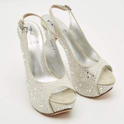 Pre Owned Gina Size 38 Grey Satin Crystal Embellished Platform Slingback Sandals