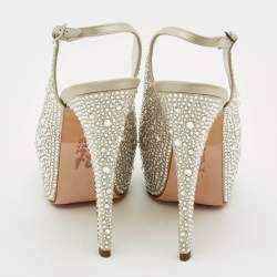 Pre Owned Gina Size 38 Grey Satin Crystal Embellished Platform Slingback Sandals