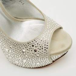 Pre Owned Gina Size 38 Grey Satin Crystal Embellished Platform Slingback Sandals