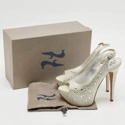 Pre Owned Gina Size 38 Grey Satin Crystal Embellished Platform Slingback Sandals