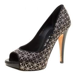 Pre Owned Gina Black Satin Crystal Embellished Peep Toe Platform Pumps Size 37