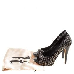 Pre Owned Gina Black Satin Crystal Embellished Peep Toe Platform Pumps Size 37