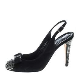 Gina Black Suede Crystal Embellished Cap Toe Slingback Sandals Size 37.5 