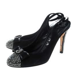 Gina Black Suede Crystal Embellished Cap Toe Slingback Sandals Size 37.5 