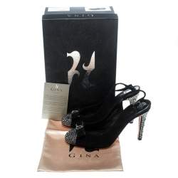 Gina Black Suede Crystal Embellished Cap Toe Slingback Sandals Size 37.5 