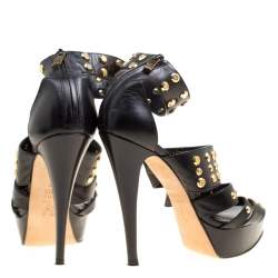 Gina Black Leather Studded Ankle Strap Platform Sandals Size 39.5