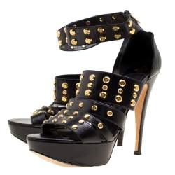 Gina Black Leather Studded Ankle Strap Platform Sandals Size 39.5