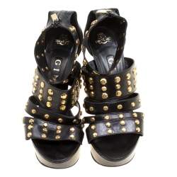 Gina Black Leather Studded Ankle Strap Platform Sandals Size 39.5