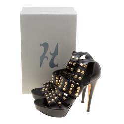 Gina Black Leather Studded Ankle Strap Platform Sandals Size 39.5