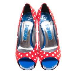 Gina Tricolor Polka Dot Print Canvas Peep Toe Platform Pumps Size 37.5