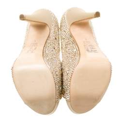 Gina Beige Satin Crystal Embellished Peep Toe Platform Pumps Size 37