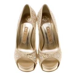 Gina Beige Satin Crystal Embellished Peep Toe Platform Pumps Size 37