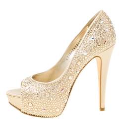 Gina Beige Satin Crystal Embellished Peep Toe Platform Pumps Size 37