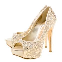 Gina Beige Satin Crystal Embellished Peep Toe Platform Pumps Size 37