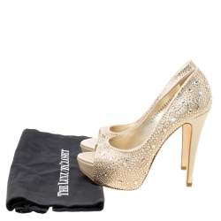 Gina Beige Satin Crystal Embellished Peep Toe Platform Pumps Size 37