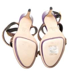 Pre Owned صندل جينا شريط كاحل متعاكس جلد منقوش كريستال أخضر مقاس 39